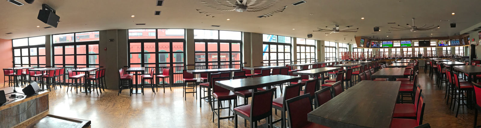 Interior of bar restaurant showing bifold windows 